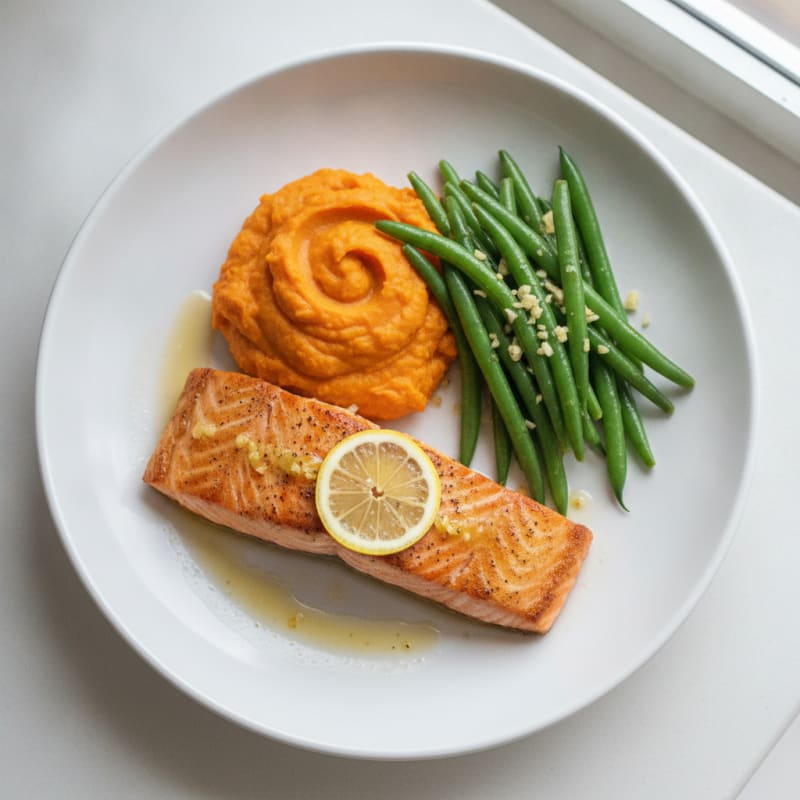 Seared Salmon with Garlic Green Beans and Mashed Sweet Potato