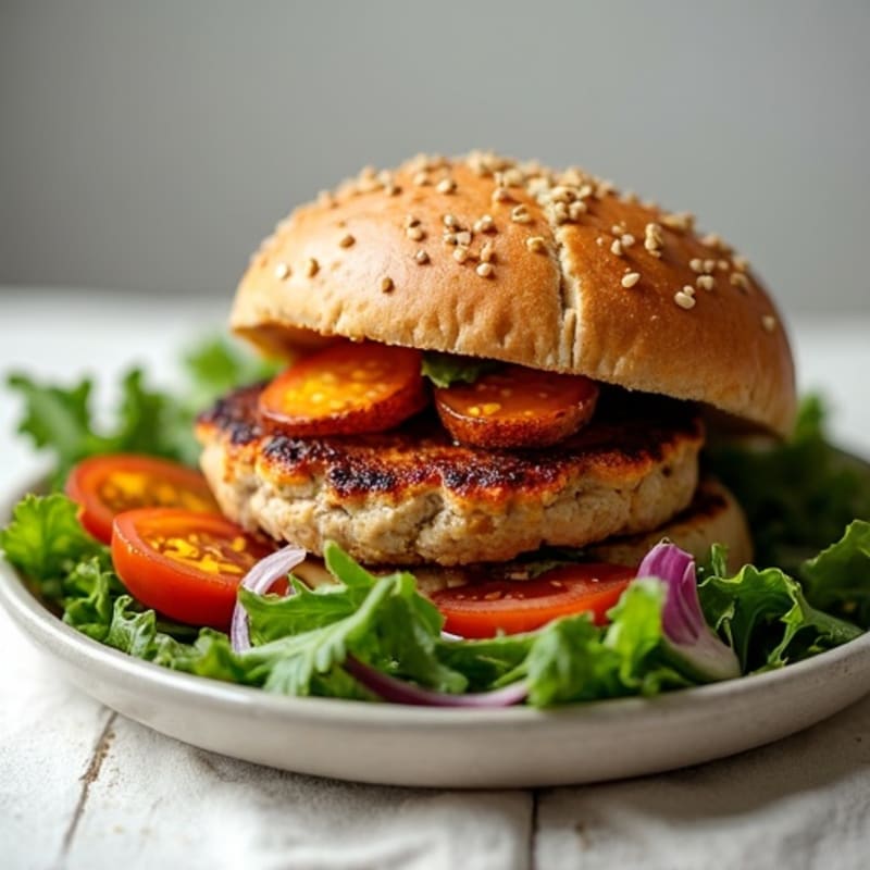 Lean Turkey Burger with Roasted Sweet Potatoes and Crisp Greens