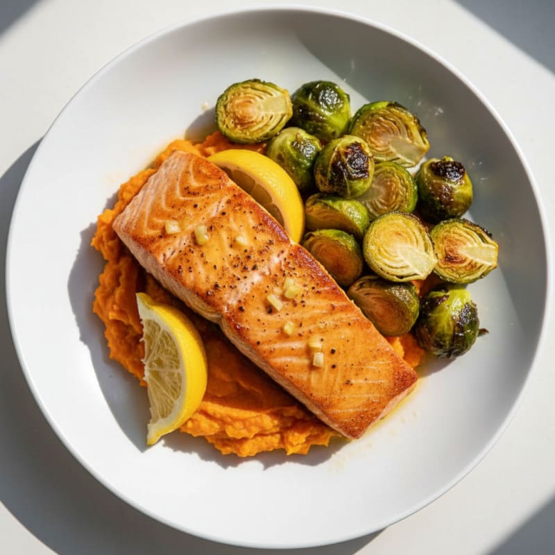 Seared Salmon Fillet with Roasted Brussels Sprouts and Sweet Potato Mash