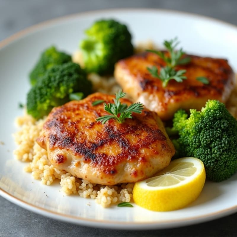 Seared Chicken Thighs with Roasted Broccoli and Quinoa
