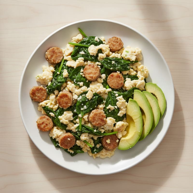 Egg White and Turkey Sausage Scramble with Sautéed Spinach