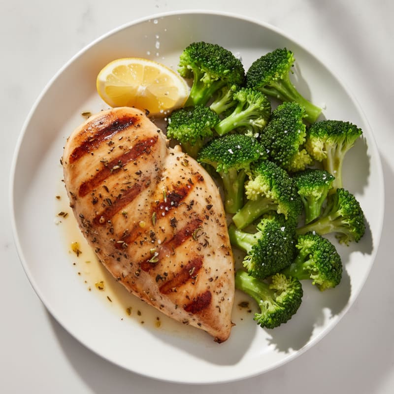 Grilled Chicken Breast with Steamed Broccoli and Lemon
