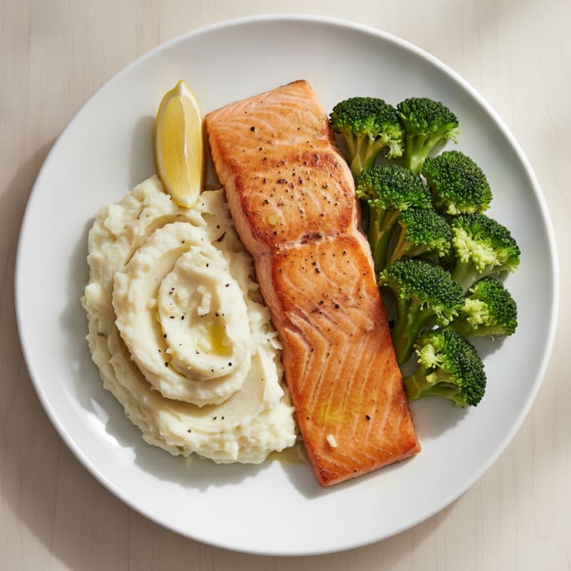 Seared Salmon Fillet with Steamed Broccoli and Garlic Mashed Potatoes