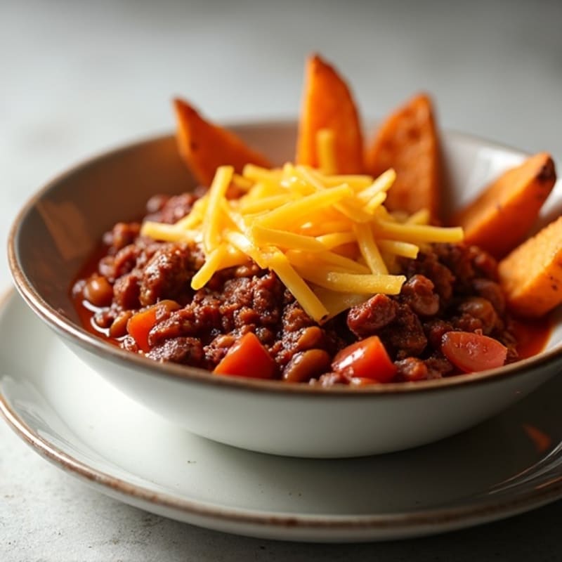 Hearty Lean Beef Chili with Crispy Sweet Potato Fries and Melted Cheddar