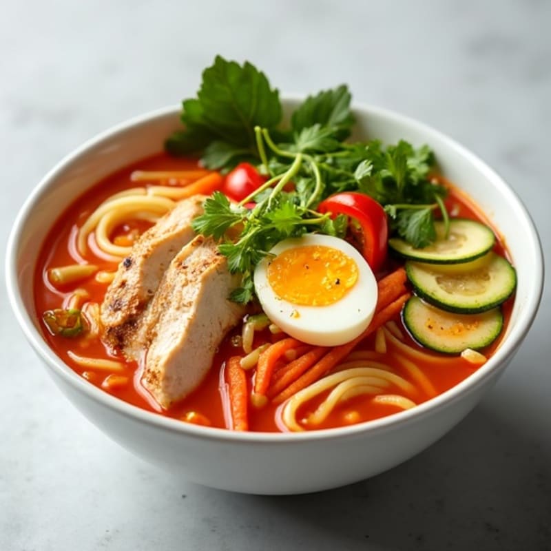 Spicy Sriracha Chicken and Fresh Vegetable Noodle Soup