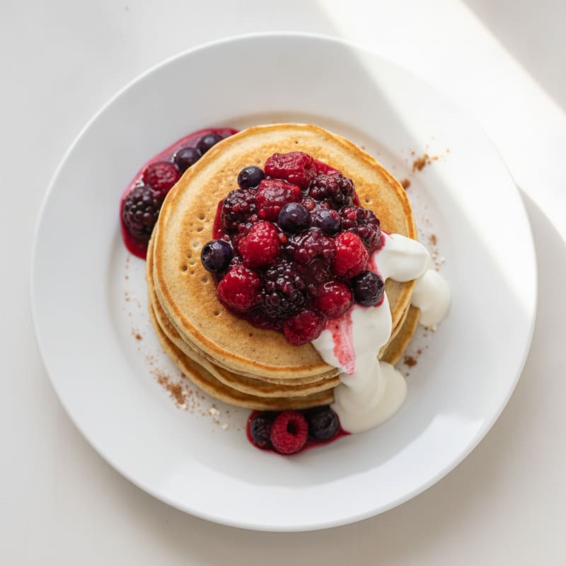 Fluffy Buttermilk-Style Protein Pancakes with Berry Compote
