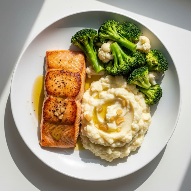 Seared Salmon with Steamed Broccoli and Garlic Mashed Cauliflower