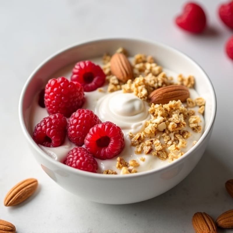Creamy Vanilla Protein Yogurt Bowl with Fresh Raspberries, Crunchy Granola, and Toasted Almonds