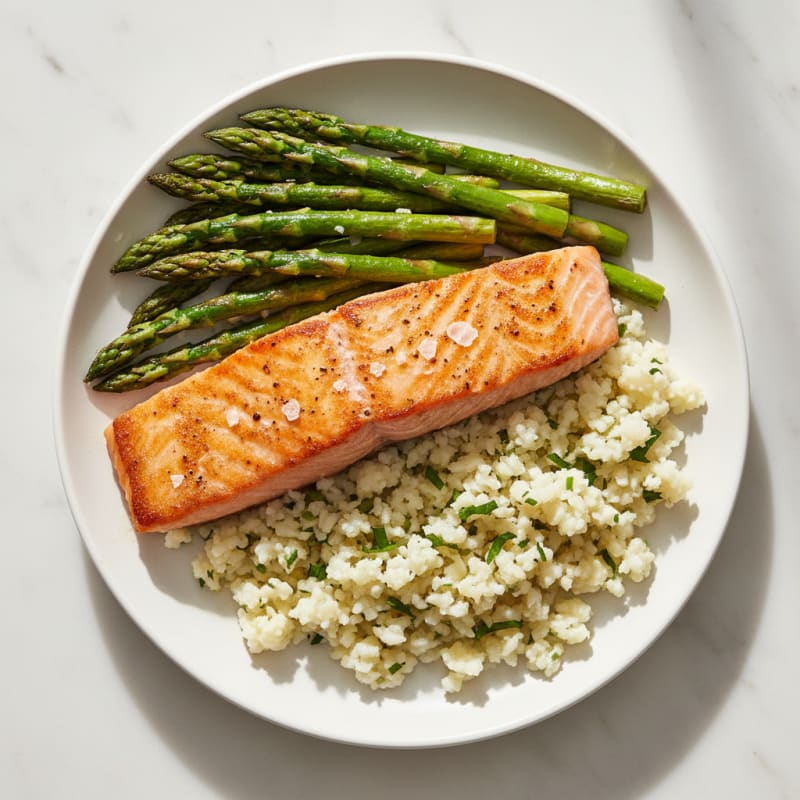 Seared Salmon with Roasted Asparagus and Cauliflower Rice