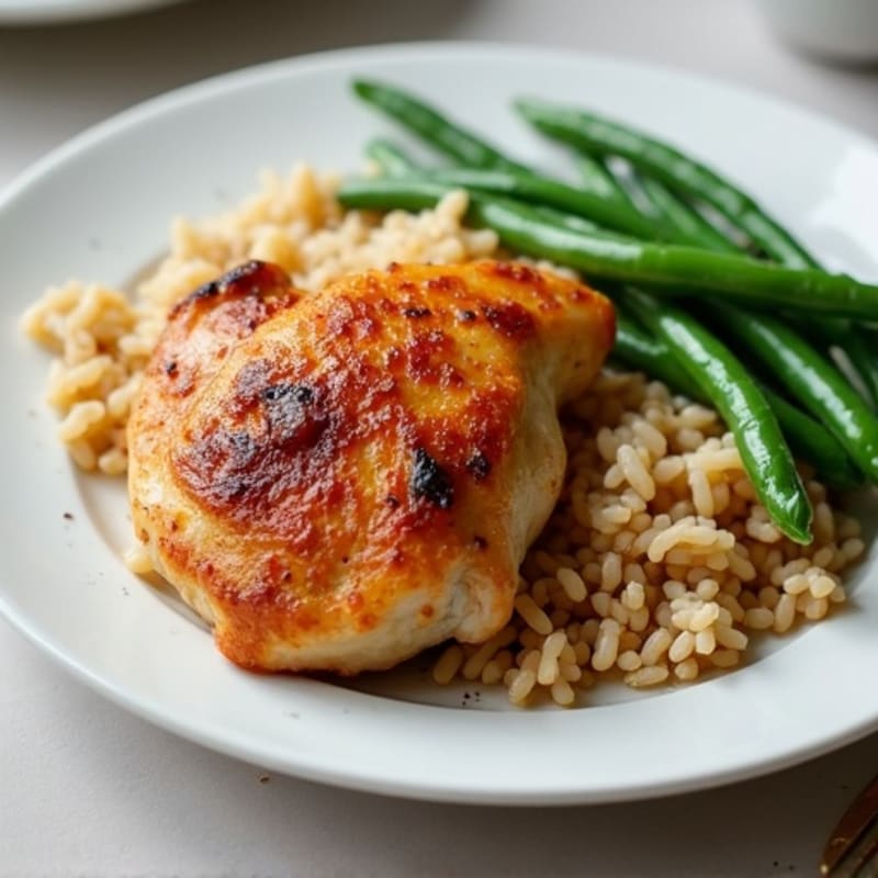 Oven-Baked Chicken Thighs with Steamed Green Beans and Brown Rice