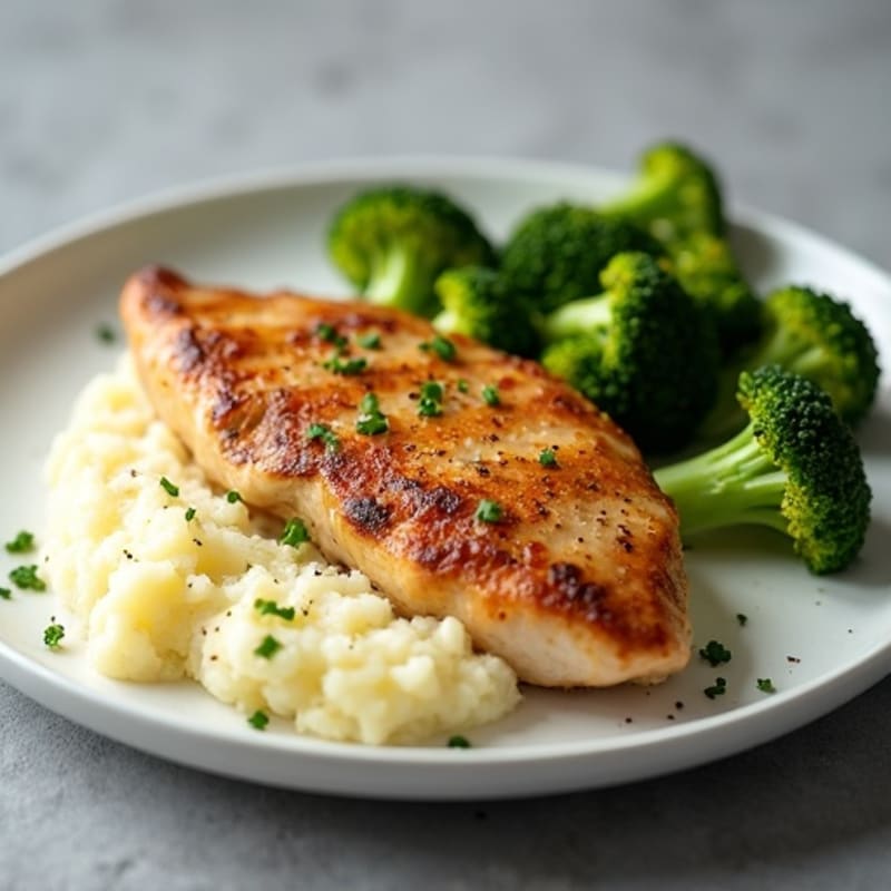 Pan-Seared Chicken with Creamy Garlic Mashed Potatoes and Roasted Broccoli