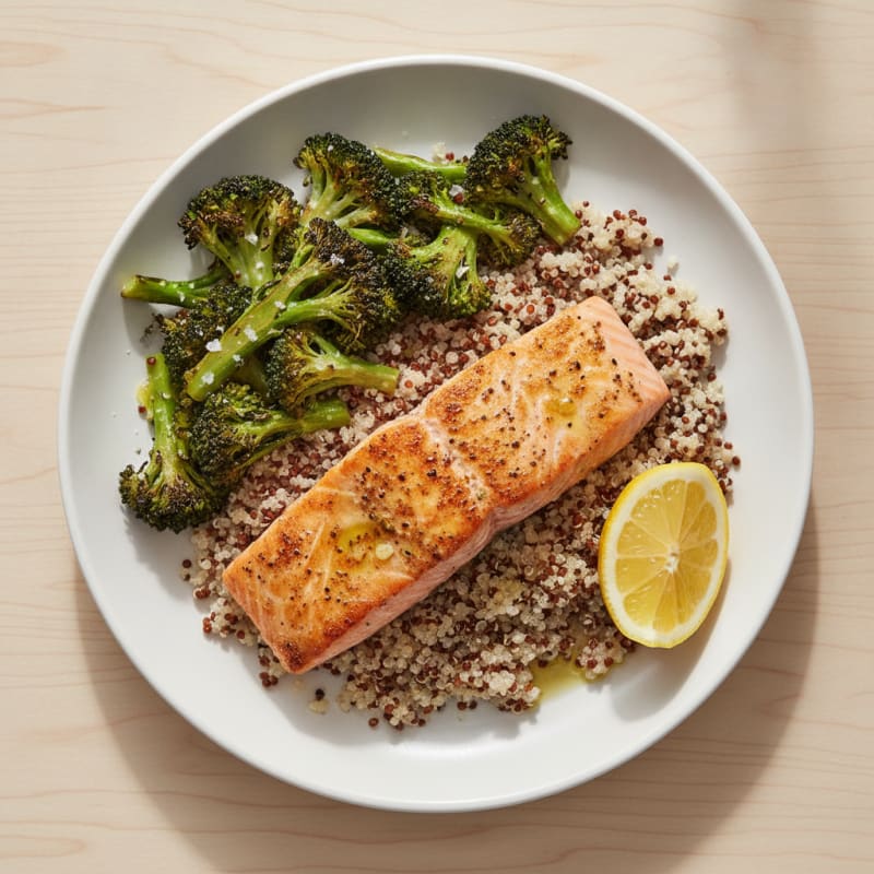 Seared Salmon with Roasted Broccoli and Quinoa