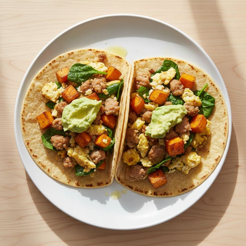 Egg White and Turkey Sausage Scramble Tacos with Spinach and Roasted Sweet Potatoes