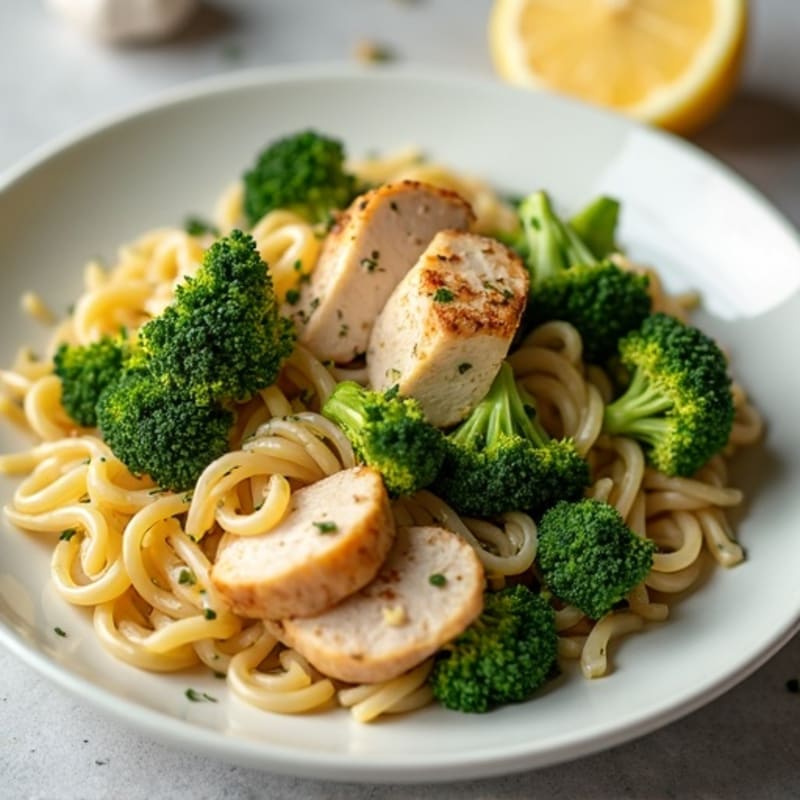Lemon Garlic Chicken Pasta with Roasted Broccoli and Spinach