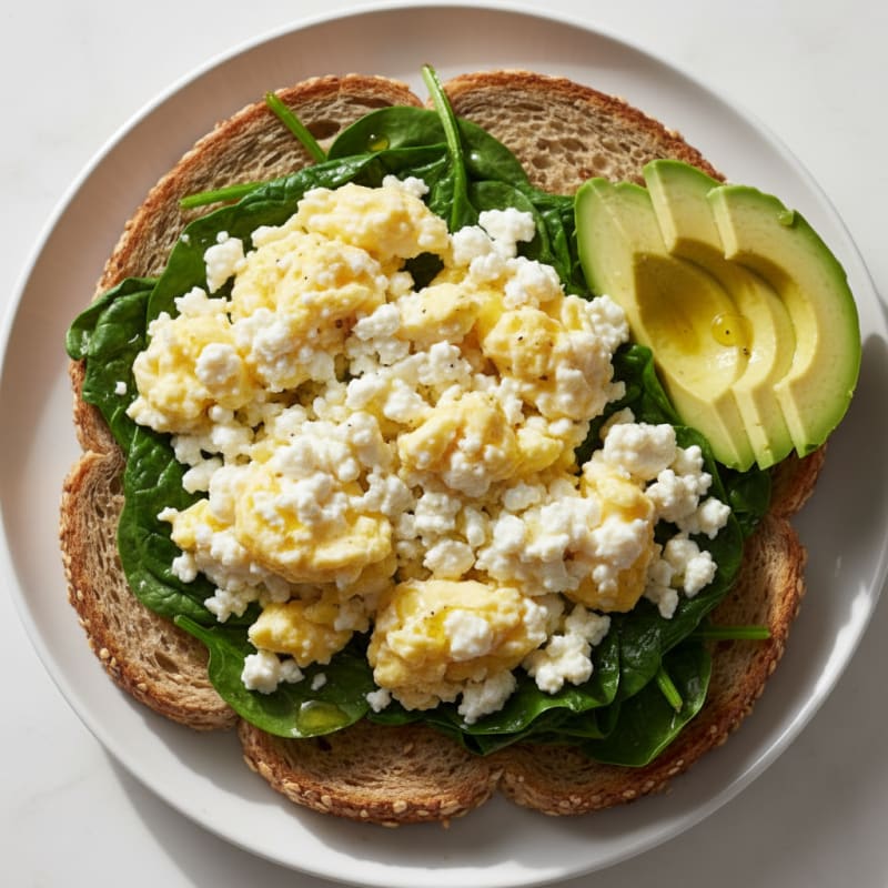 Scrambled Eggs with Cottage Cheese and Sautéed Spinach on Whole Grain Toast