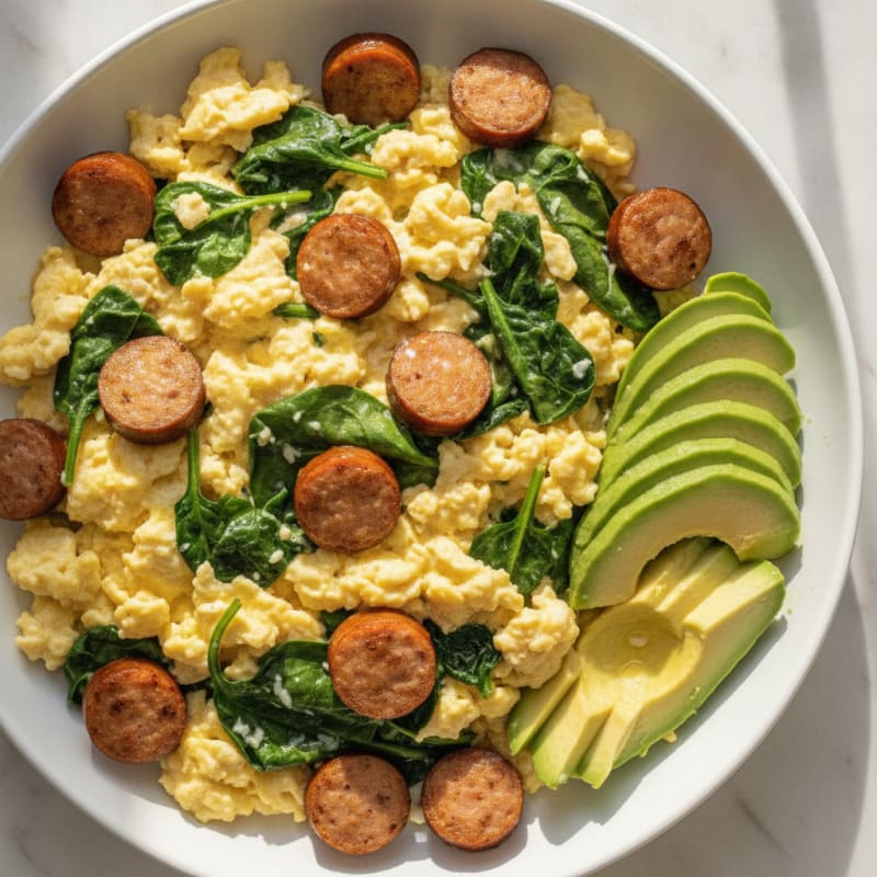 Creamy Scrambled Eggs with Turkey Sausage and Sautéed Spinach