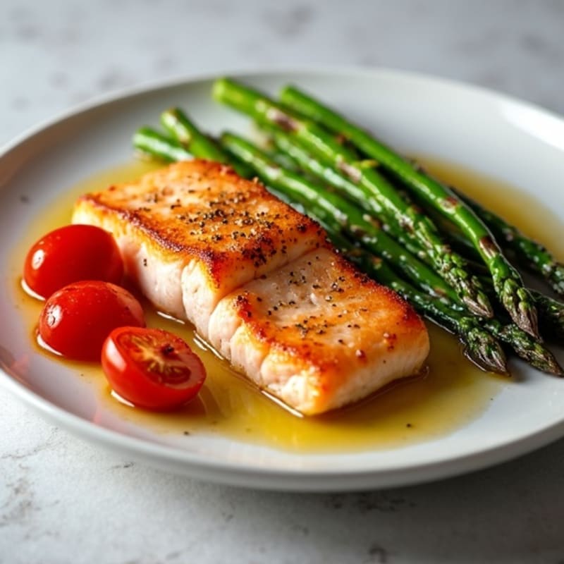 Crispy Pan-Seared Salmon with Roasted Asparagus and Cherry Tomatoes