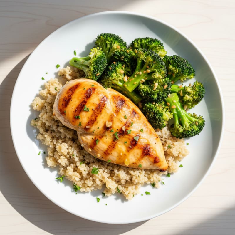 Grilled Chicken Breast with Steamed Broccoli and Quinoa