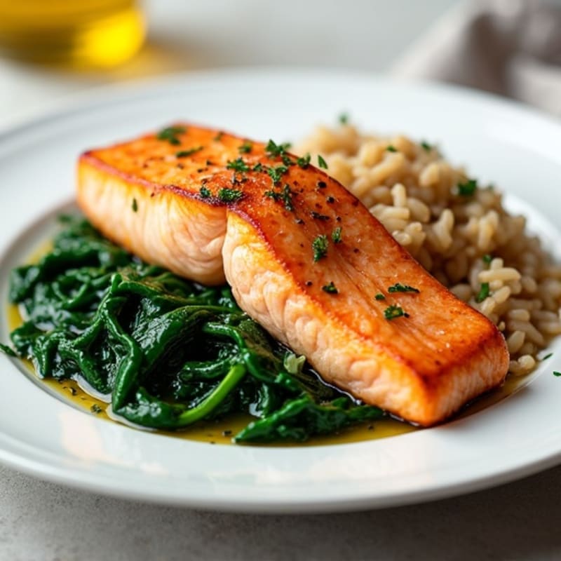 Seared Salmon Fillet with Garlic Sautéed Spinach and Brown Rice