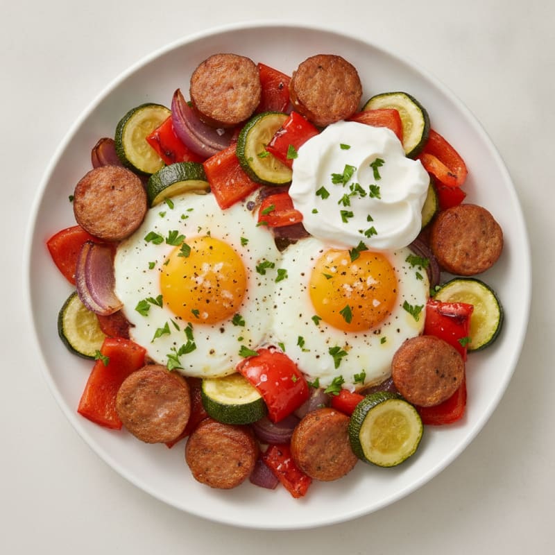 Baked Eggs with Roasted Vegetables and Chicken Sausage