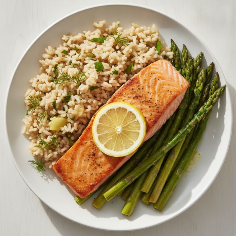 Seared Salmon with Herbed Brown Rice and Roasted Asparagus