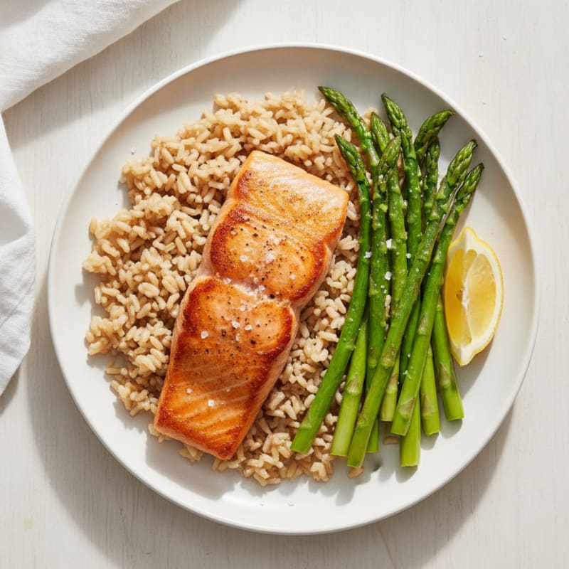Seared Salmon Fillet with Steamed Asparagus and Brown Rice