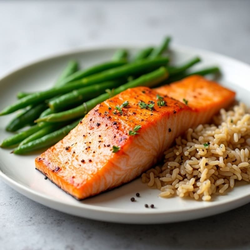 Seared Salmon Fillet with Steamed Green Beans and Brown Rice