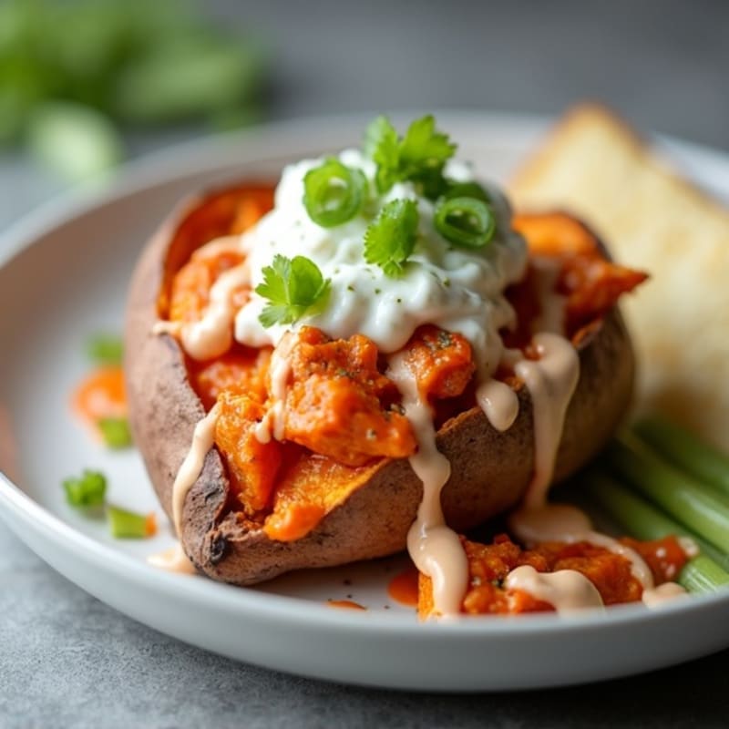 Buffalo Chicken Stuffed Sweet Potatoes with Creamy Ranch Drizzle