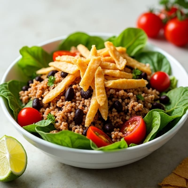 Spicy Ground Turkey Salad with Fresh Greens and Crispy Tortilla Strips