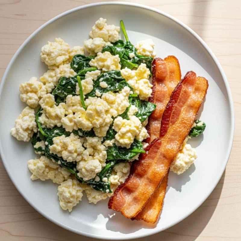 Cottage Cheese Scramble with Spinach and Turkey Bacon