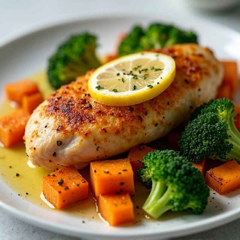Crispy Lemon-Herb Baked Chicken with Roasted Broccoli and Sweet Potatoes