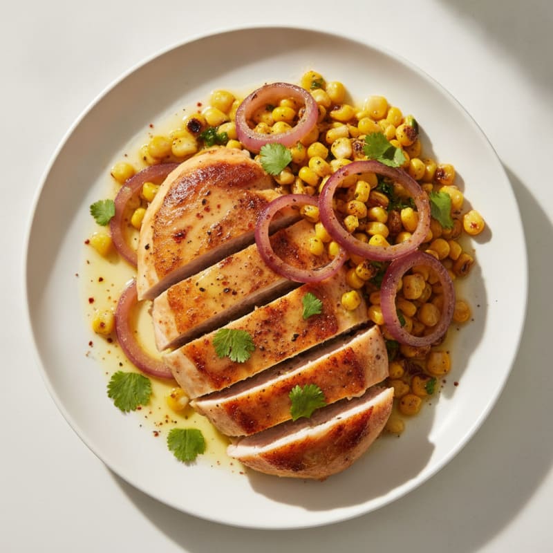 Pan-Seared Chicken Breast with Roasted Corn and Onions