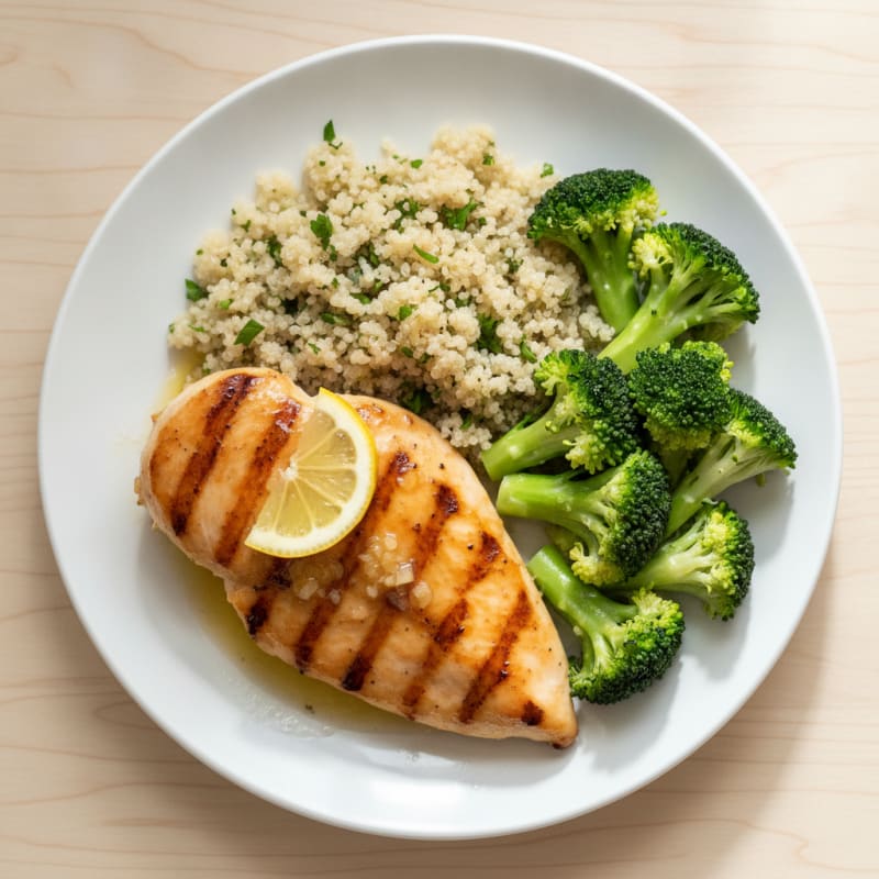Grilled Lemon Garlic Chicken Breast with Quinoa and Steamed Broccoli