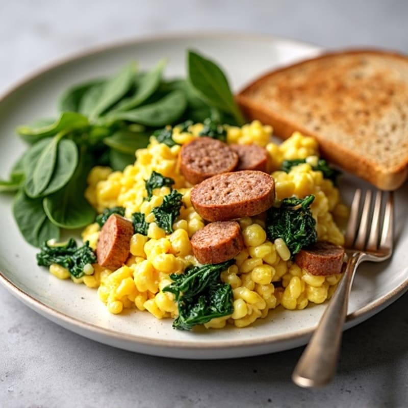 Egg White and Turkey Sausage Scramble with Sautéed Spinach