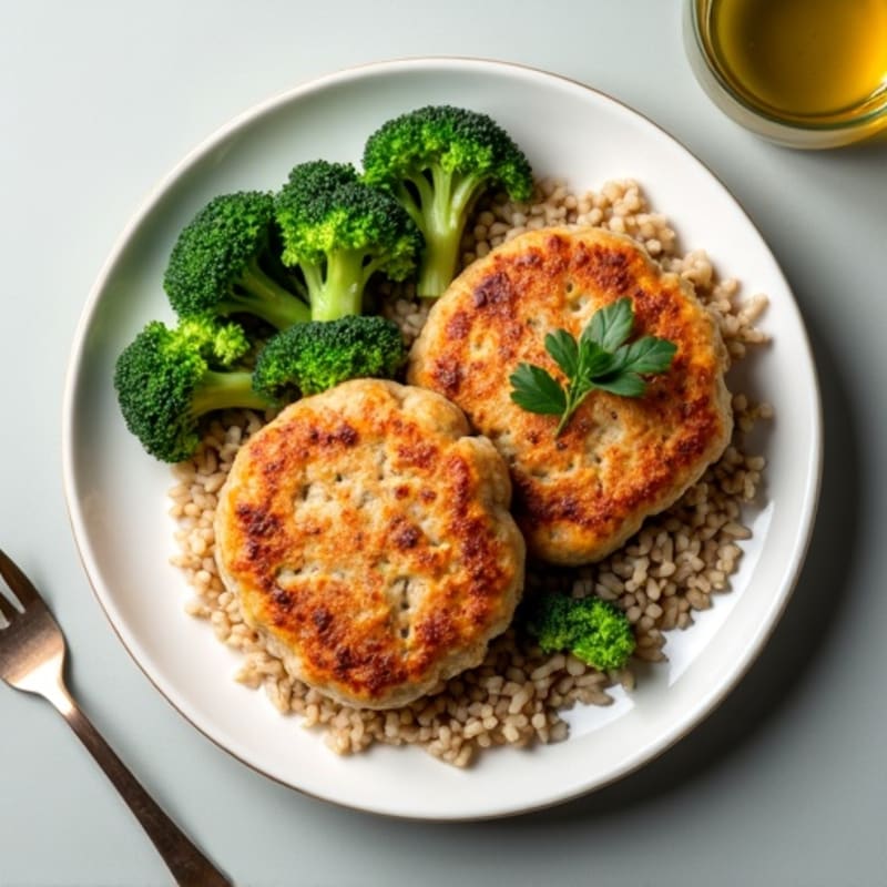 Seared Turkey Patties with Steamed Broccoli and Brown Rice