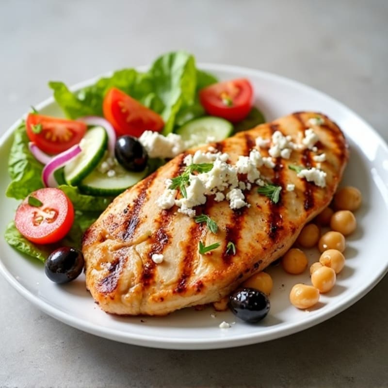 Grilled Chicken Breast with Greek Salad and Chickpeas