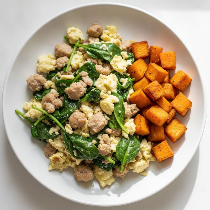 Egg White and Turkey Sausage Scramble with Spinach and Roasted Sweet Potato