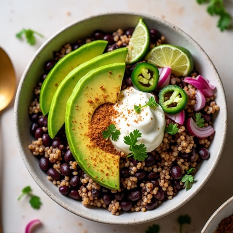 Spicy Black Bean Quinoa Bowl with Lime Avocado
