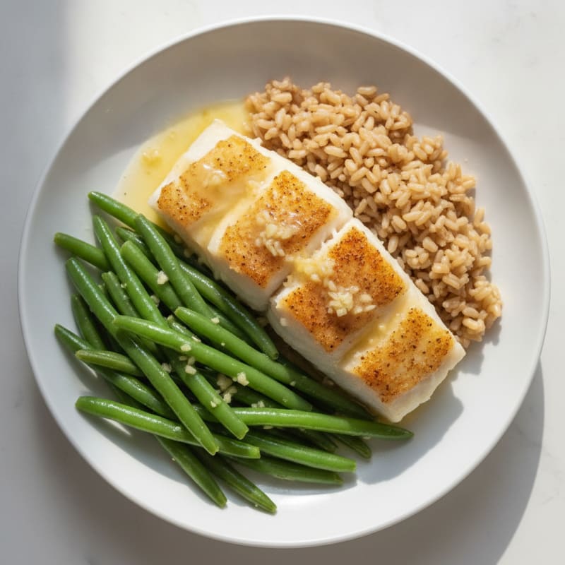 Baked White Fish with Steamed Green Beans and Brown Rice