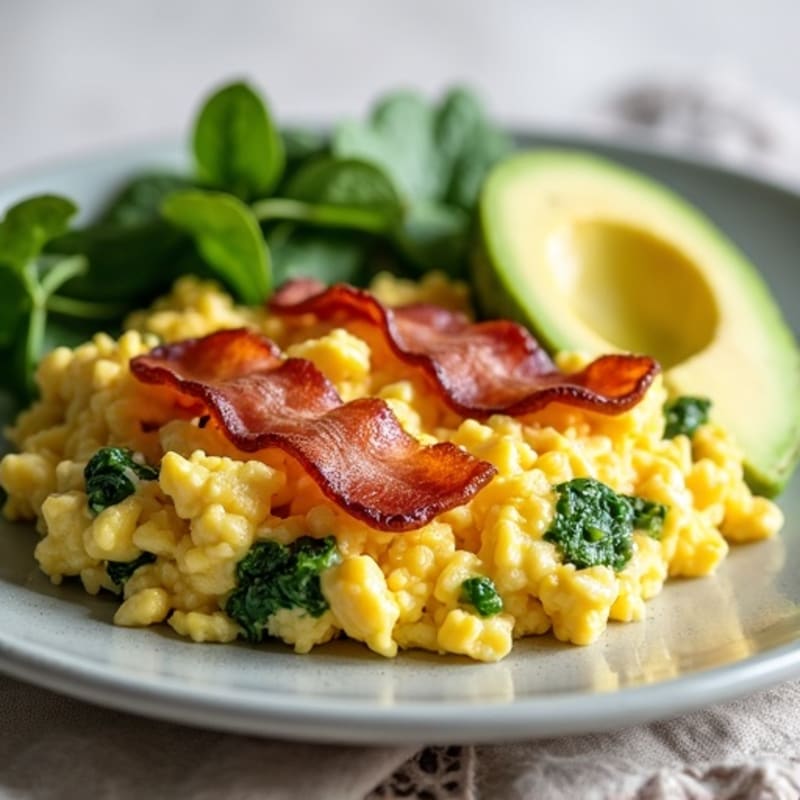 Cottage Cheese Egg Scramble with Spinach and Turkey Bacon