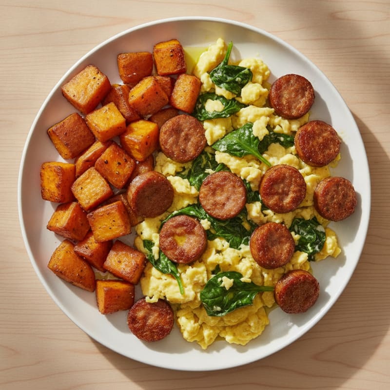 Crispy Turkey Sausage and Spinach Egg Scramble with Roasted Sweet Potatoes