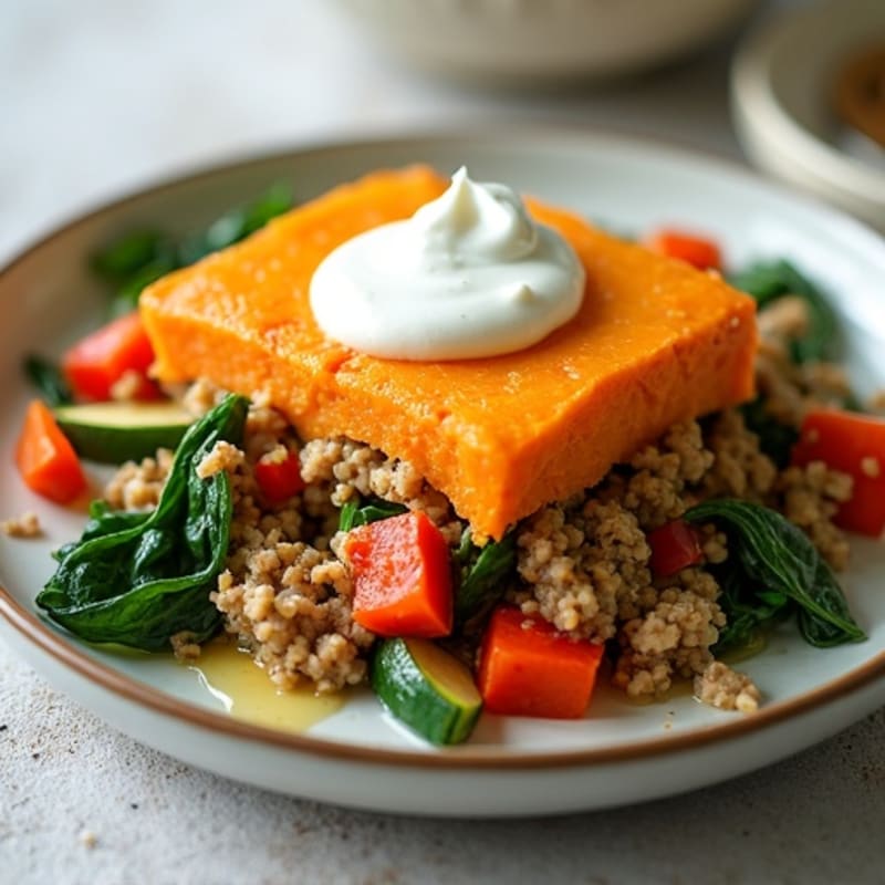 Hearty Lean Ground Turkey and Vegetable Bake with Creamy Sweet Potato Topping