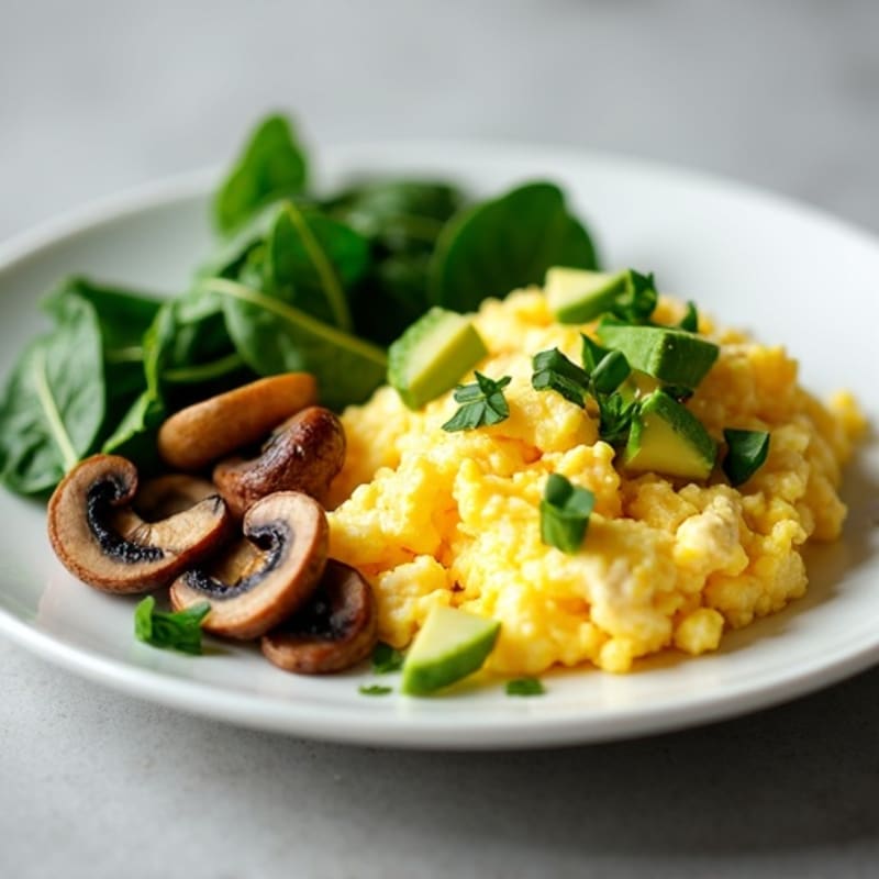 Egg White and Cottage Cheese Scramble with Spinach and Sautéed Mushrooms