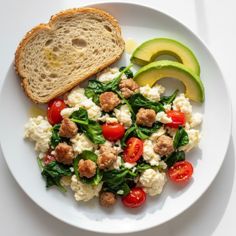 Egg White and Turkey Sausage Scramble with Spinach and Tomatoes