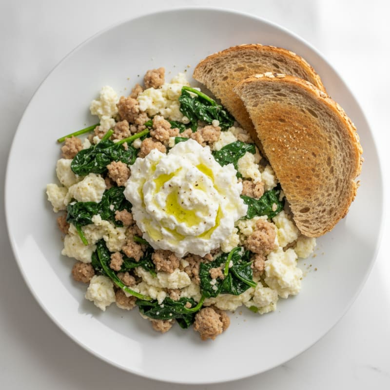 Egg White and Turkey Spinach Scramble with Cottage Cheese