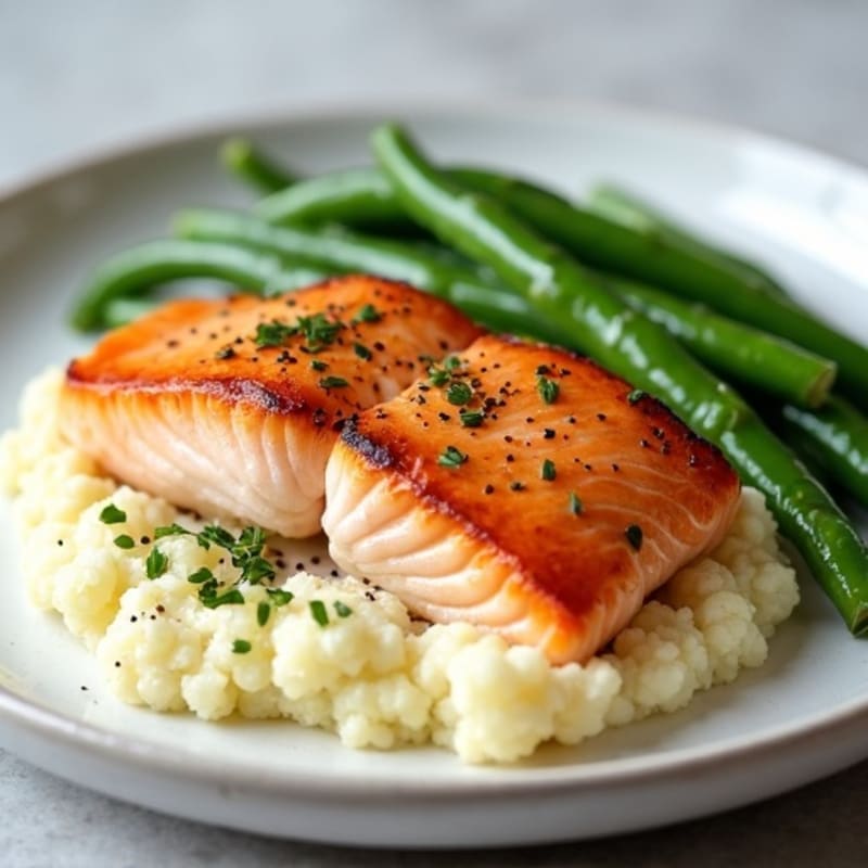 Seared Salmon Fillet with Garlic Green Beans and Cauliflower Mash