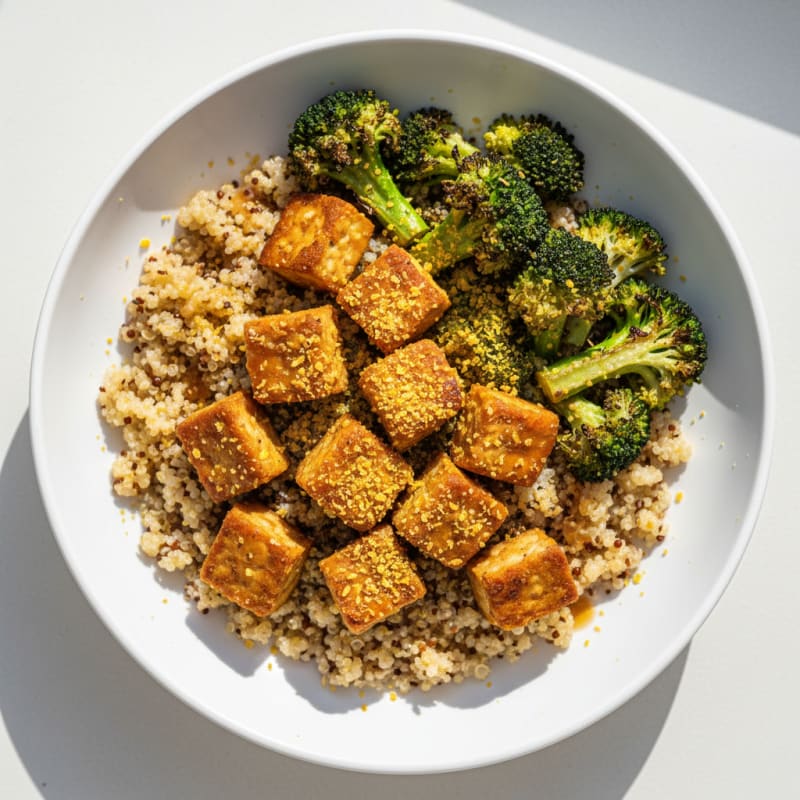 Crispy Tempeh Power Bowl with Quinoa and Roasted Broccoli