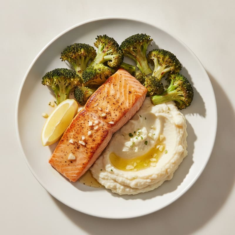Seared Salmon with Roasted Broccoli and Garlic Mashed Cauliflower