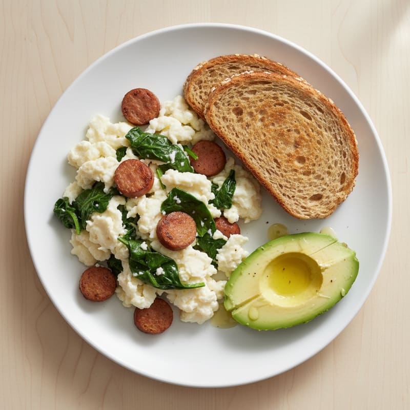 Egg White and Spinach Scramble with Turkey Sausage