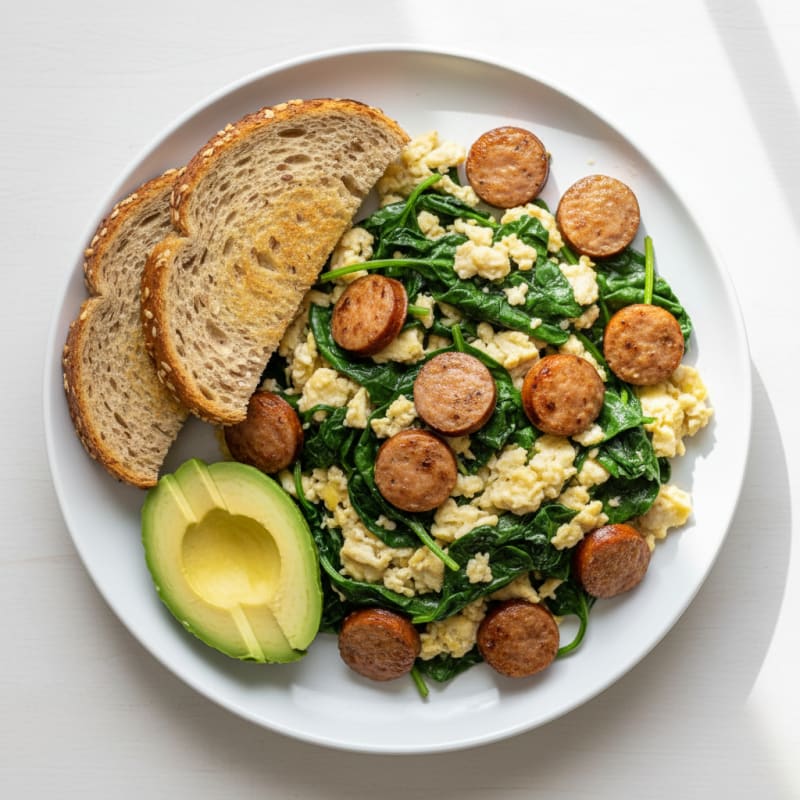 Egg White and Turkey Sausage Scramble with Sautéed Spinach